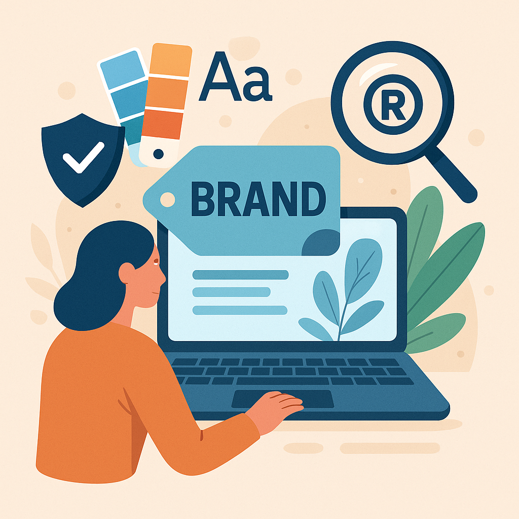 Ilustración de una persona registrando una marca, rodeada de símbolos de protección, identidad visual y seguridad jurídica.