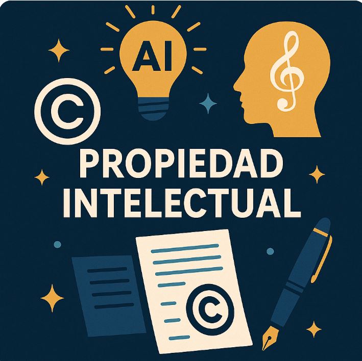 Ilustración digital de una cabeza humana con engranajes, ideas creativas y símbolos de derechos de autor