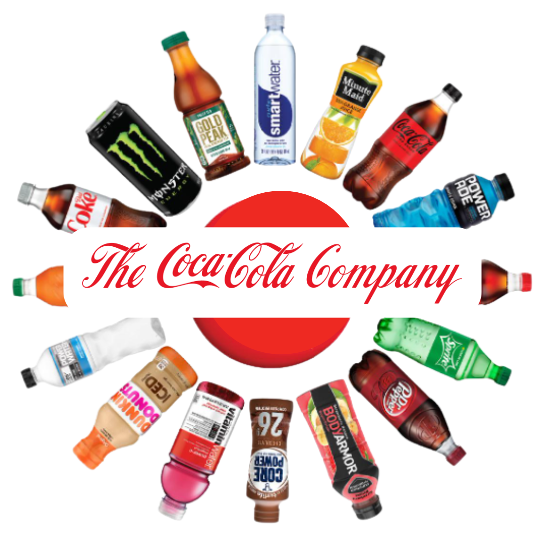 Ilustración circular con el logotipo "The Coca-Cola Company" en el centro, rodeado por una selección de botellas y envases de distintas marcas de bebidas pertenecientes a la empresa, como Coca-Cola, Fanta, Sprite, Powerade, Smartwater, Monster, Minute Maid, entre otras, mostrando la diversidad de productos del grupo.
