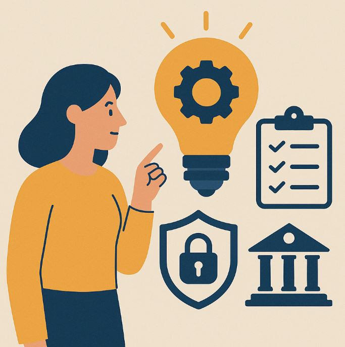 Ilustración en estilo plano de una mujer señalando una bombilla con engranaje, junto a iconos de checklist, escudo de protección y edificio institucional, que representan el estudio de patentabilidad.