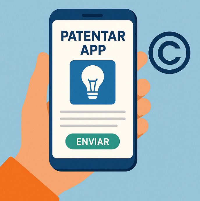 Ilustración de una mano sosteniendo un móvil con una app de patente abierta y símbolo de copyright al fondo