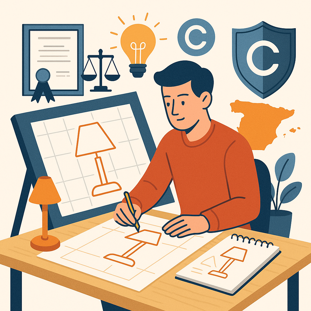 Ilustración de estilo flat de un diseñador dibujando una lámpara moderna sobre papel, con elementos visuales relacionados con el diseño industrial y la protección legal en España, como un certificado, balanza, mapa de España y símbolo de copyright.