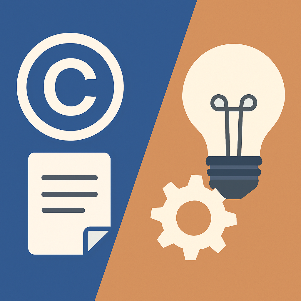 icono de protecion legal de marcas y una bombilla con una rueda dentada.