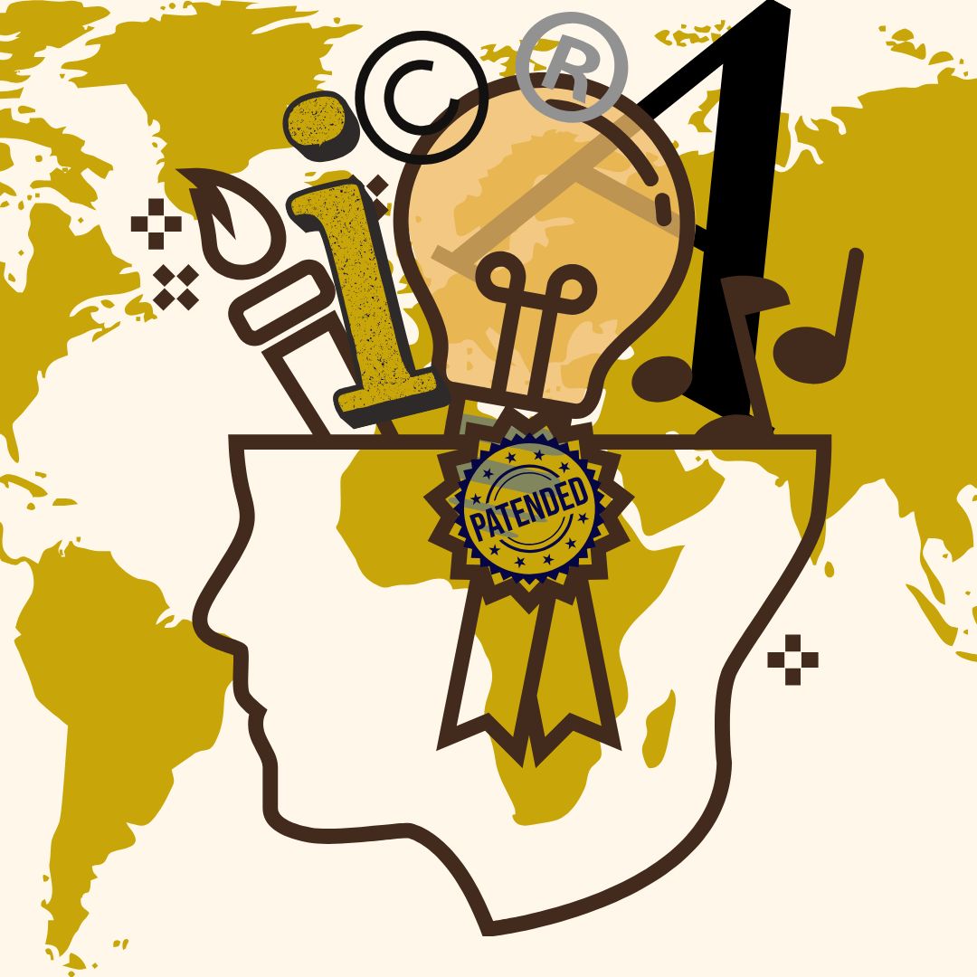 ilustración de diferentes iconos que representan las patentes, saliendo de la cabeza de una persona que incluye un sello de patentes sobre un fondo de un mapa mundi.