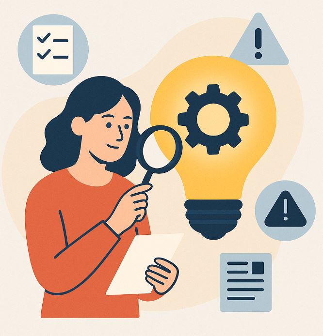 Ilustración en estilo plano de una mujer revisando una bombilla con engranaje mediante una lupa, acompañada de iconos de checklist, advertencias y documentos, simbolizando errores comunes al registrar una patente.