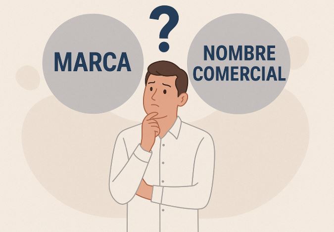 Ilustración de una persona decidiendo entre registrar una marca o un nombre comercial con documentos y elementos legales