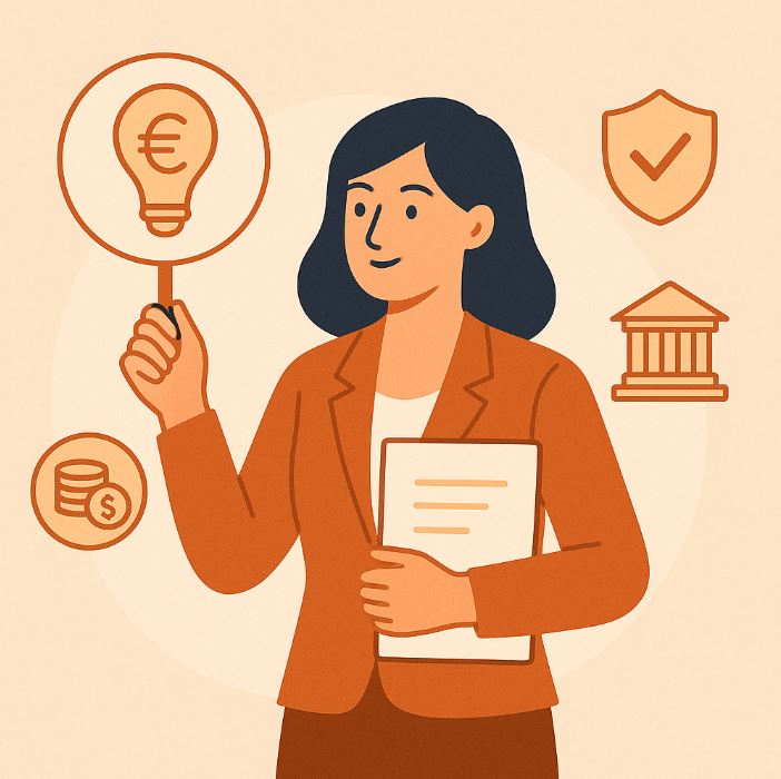 Ilustración en estilo plano de una mujer profesional con carpeta y símbolo de bombilla con euro, rodeada de iconos de dinero, seguridad y edificio institucional, representando la venta de una patente.