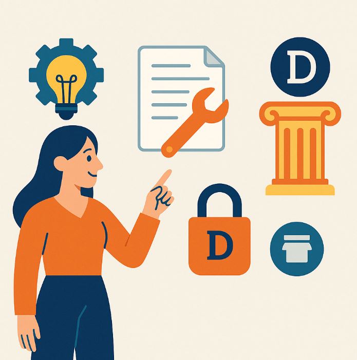 Ilustración en estilo plano de una mujer señalando tres iconos que representan la patente, el modelo de utilidad y el diseño industrial, con fondo neutro y colores vibrantes.