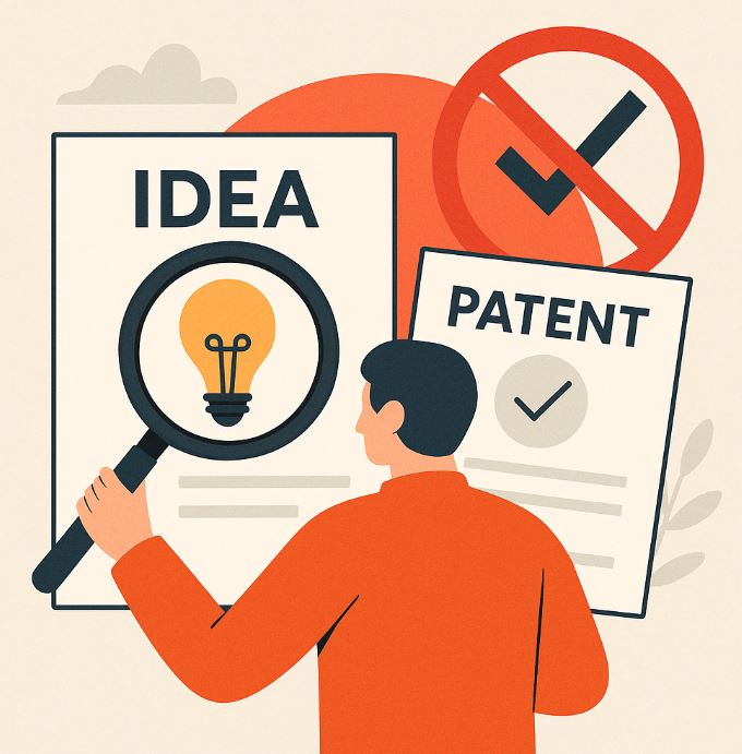 Persona comparando una idea con patentes registradas usando una lupa