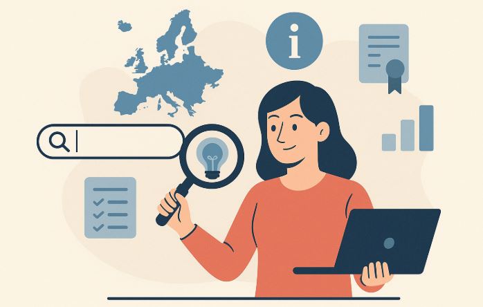 Ilustración en estilo plano de una mujer consultando una interfaz digital con lupa, símbolos de patente, documentos y edificio institucional, representando el uso del buscador de patentes de la OEPM.