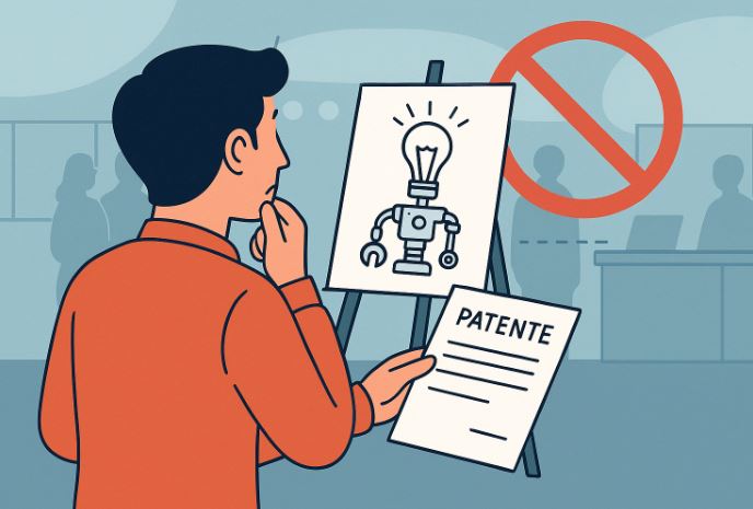 Hombre mostrando un invento en una feria con un documento de patente en la mano