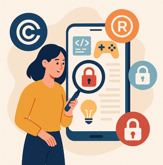 Ilustración estilo plano de una mujer con lupa revisando un móvil con iconos de candado, copyright, marca registrada, bombilla y código, representando las opciones legales para proteger apps o juegos móviles.