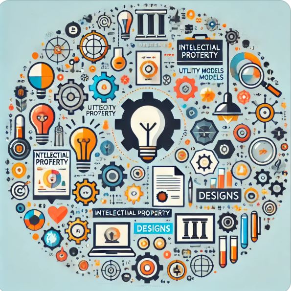 Infografía visual representando los métodos de protección industrial (patentes, modelos de utilidad, diseño industrial, etc.) sin texto, usando solo iconos y símbolos.