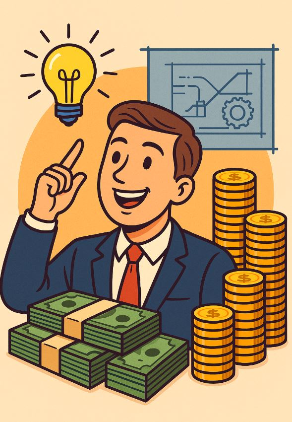 Hazte rico con tu idea: joven inventor rodeado de dinero, planos y una bombilla encendida