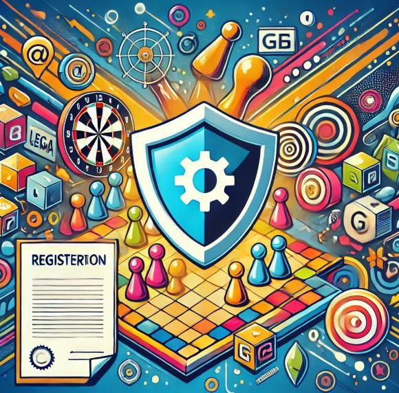 Ilustración que representa el concepto de proteger un juego de mesa legalmente con símbolos de propiedad intelectual