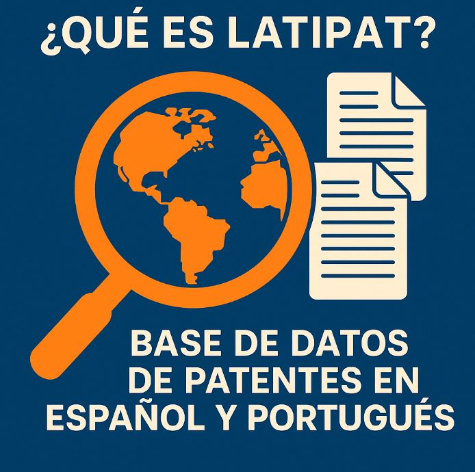 Ilustración digital con un mapa mundial y lupa que representa la base de datos LATIPAT de patentes en español y portugués
