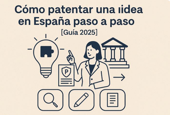 Ilustración en diseño plano de una mujer con una bombilla y un edificio institucional explicando los pasos para patentar una idea en España en 2025.