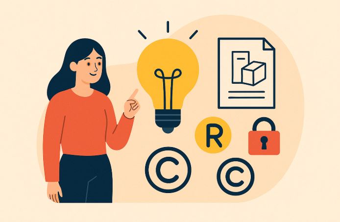 Ilustración en estilo plano de una mujer señalando una bombilla, acompañada de símbolos de propiedad industrial como diseño industrial, marca registrada, copyright y candado, representando alternativas legales a la patente.