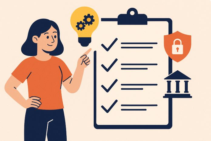 Ilustración estilo plano de una mujer señalando una bombilla con engranajes junto a un portapapeles con lista de verificación, un icono de candado y un edificio institucional, representando el registro de un producto sin empresa.