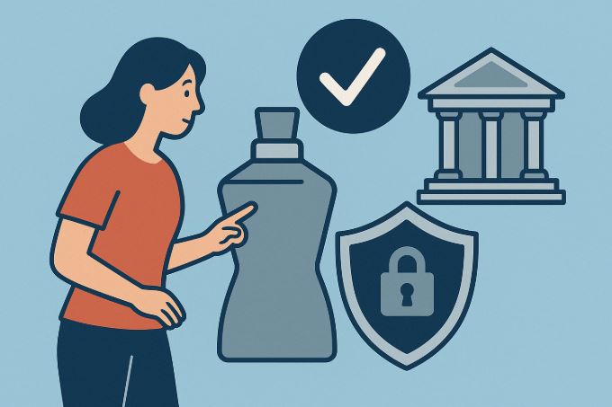 Ilustración estilo plano de una mujer señalando un envase con forma única, acompañada de iconos legales como un edificio institucional, escudo de protección y símbolo de validación.