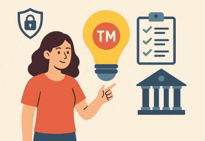 Ilustración en estilo plano de una mujer señalando una bombilla con símbolo de marca registrada, acompañada de un portapapeles, un edificio institucional y un escudo con candado, representando el registro de marca.
