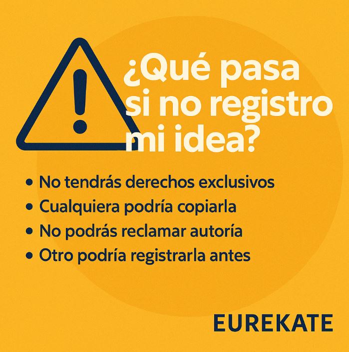 Ilustración de una persona angustiada frente a un cartel que dice “Idea robada”, representando el riesgo de no registrar una idea