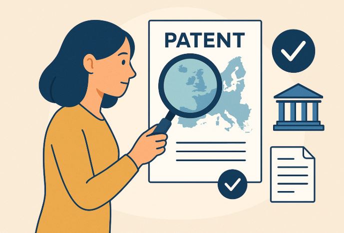 Ilustración en estilo plano de una mujer revisando un documento con la palabra "PATENT" y el mapa de Europa, utilizando una lupa, junto a símbolos de validación legal y un edificio institucional.