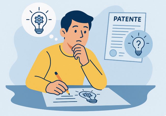 Persona pensando mientras dibuja un invento sin prototipo con documentos de patente en la mesa