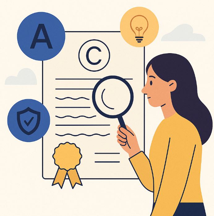 Ilustración estilo plano de una mujer con lupa revisando un documento legal con símbolos de patente, luz de idea, escudo de protección y una “A”, representando la revisión técnica de una reivindicación.