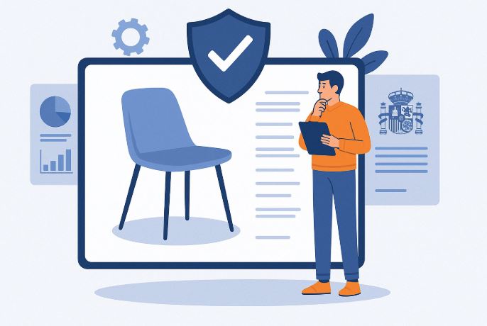 Diseñador revisando un producto con planos técnicos y documentos legales de registro