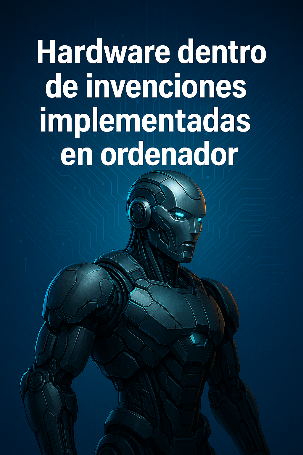 Ilustración futurista con un robot humanoide y circuitos digitales, representando la patentabilidad del hardware dentro de invenciones implementadas en ordenador.