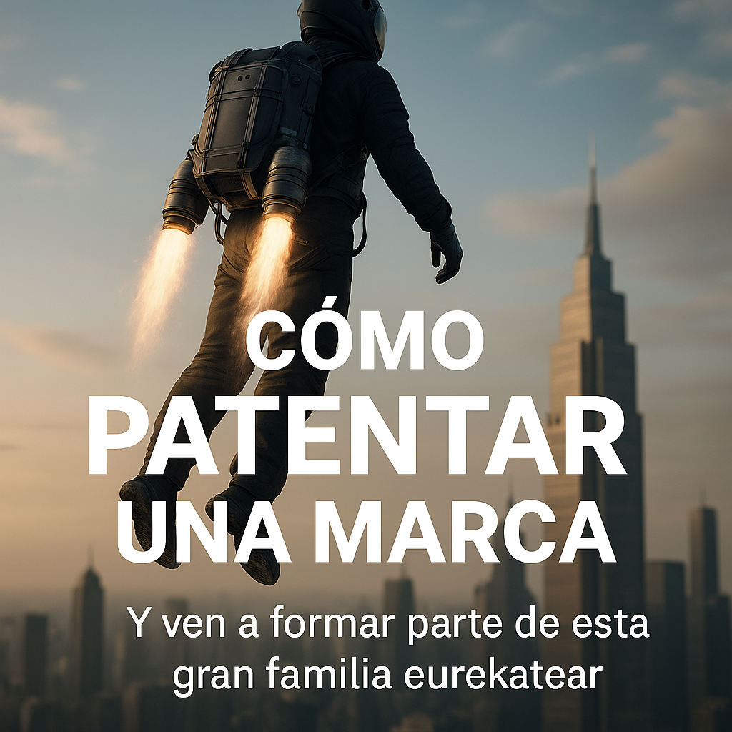 Persona volando con mochila propulsora sobre una ciudad futurista para ilustrar cómo patentar una marca.