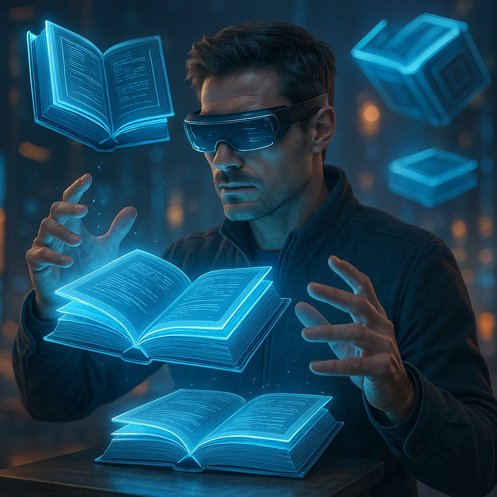 Hombre con gafas futuristas controlando libros digitales flotantes en un entorno tecnológico