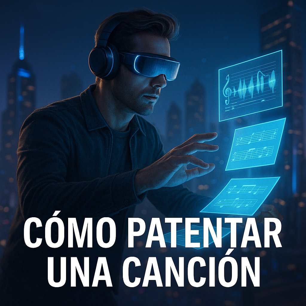 Hombre con visor futurista manipulando hologramas musicales para ilustrar cómo patentar una canción