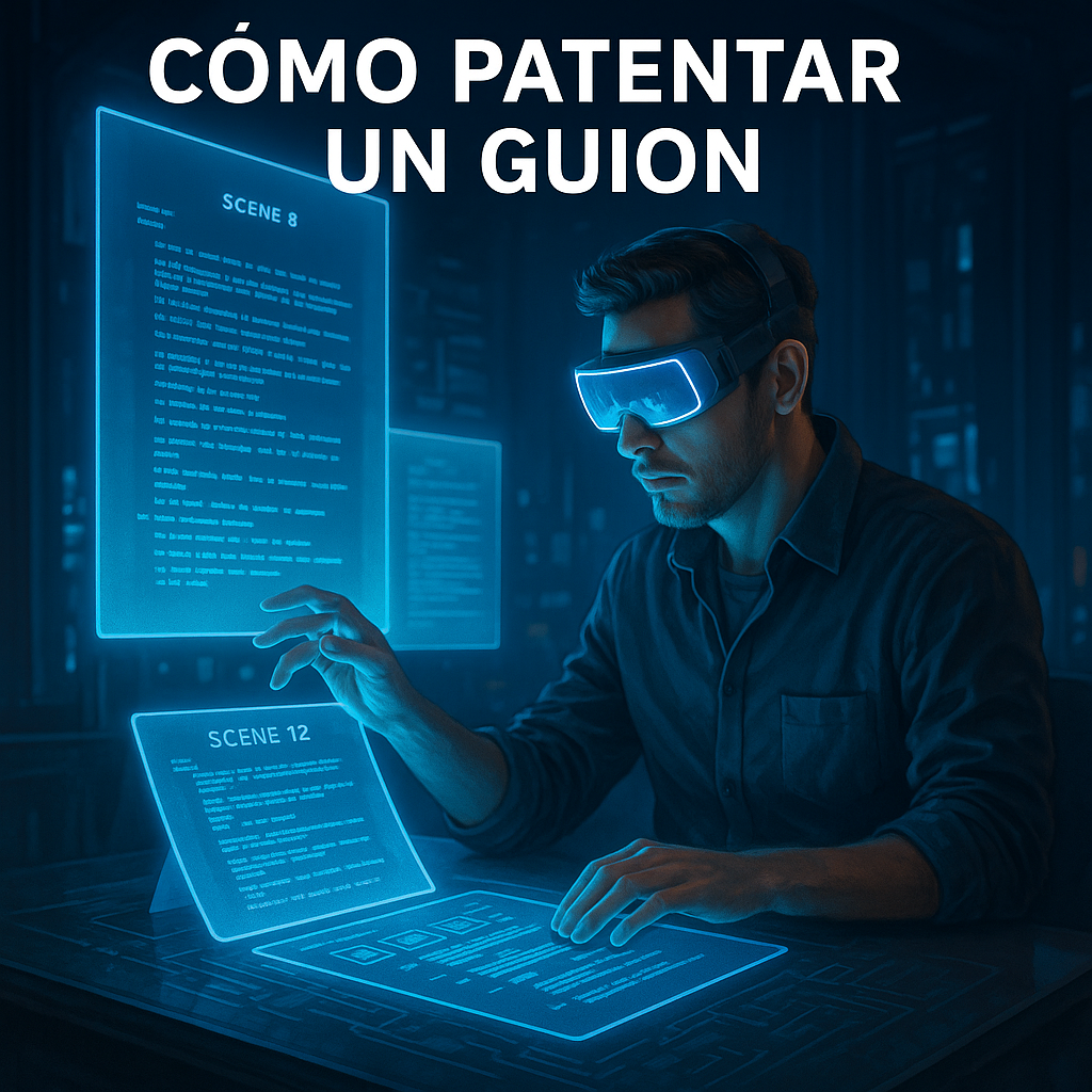 Hombre con visor futurista trabajando en un guion digital con hologramas azules