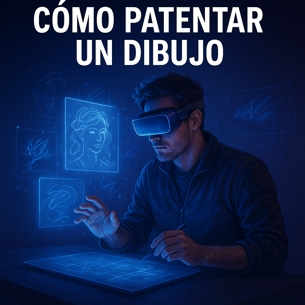 Artista futurista con visor digital creando dibujos holográficos en color azul