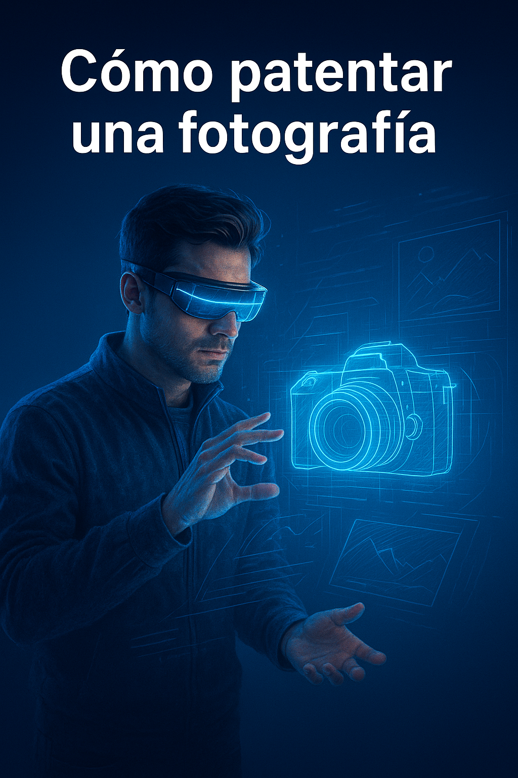 Hombre con visor futurista manipulando hologramas de cámara y fotografías digitales