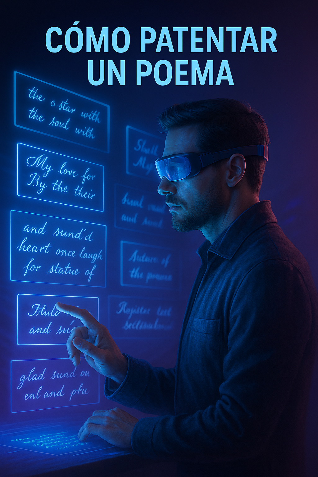 Hombre con visor futurista interactuando con versos holográficos para ilustrar cómo patentar un poema