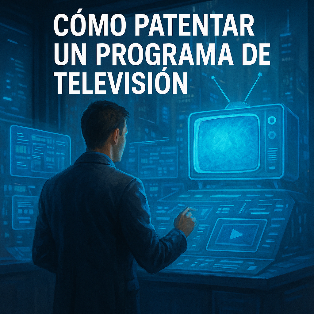 Hombre en un entorno futurista interactuando con hologramas y una televisión digital para ilustrar cómo patentar un programa de televisión