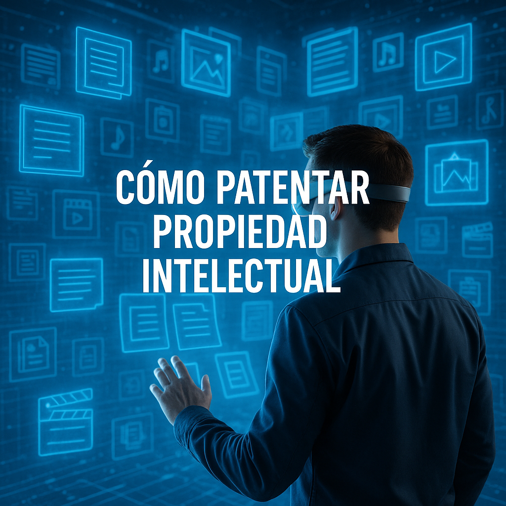 Hombre con visor futurista interactuando con hologramas digitales sobre propiedad intelectual