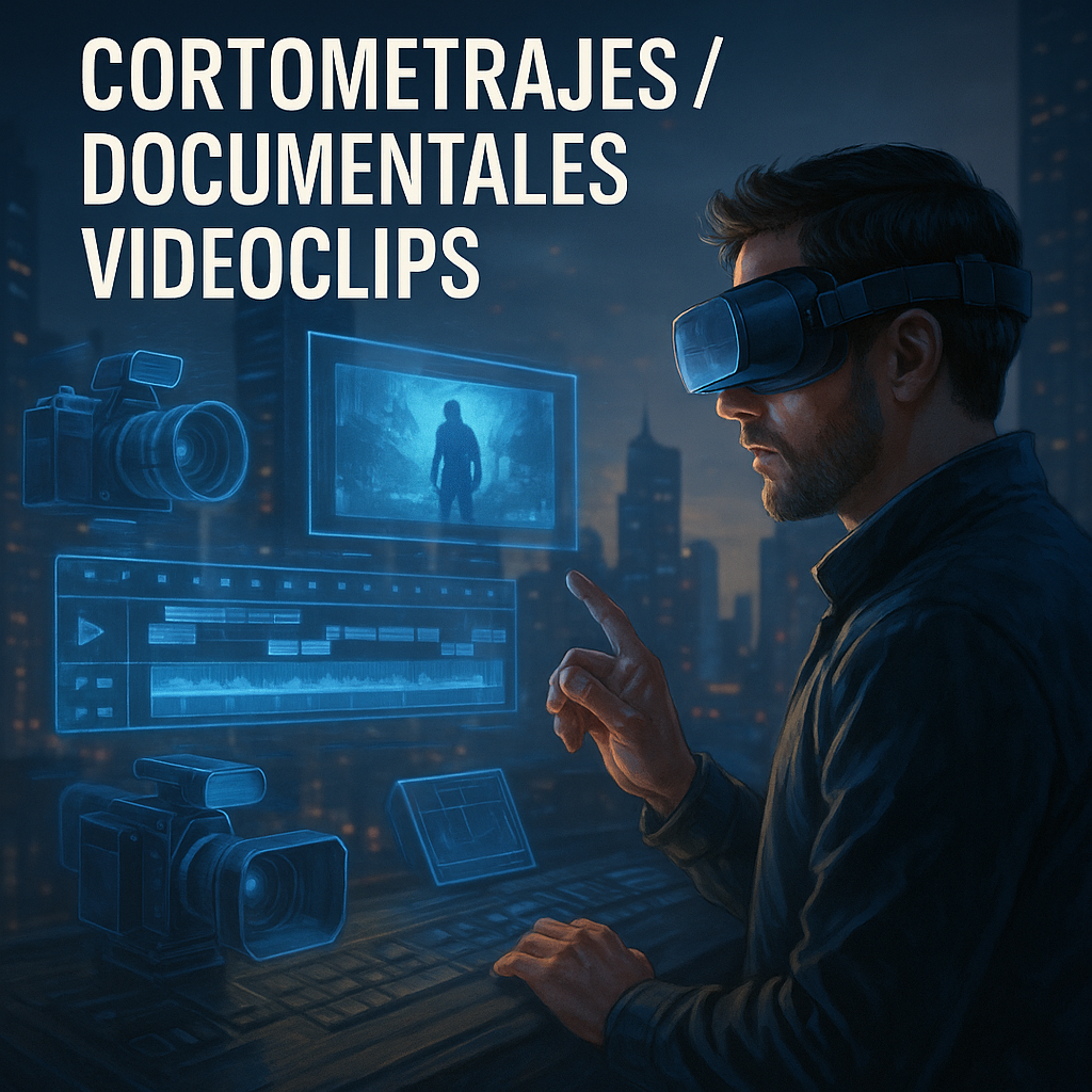 Hombre con visor futurista interactuando con hologramas de edición relacionados con cortometrajes, documentales y videoclips