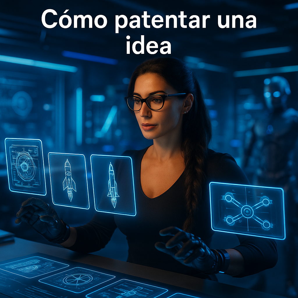 Mujer diseñadora en un taller futurista analizando planos holográficos con tecnología avanzada.