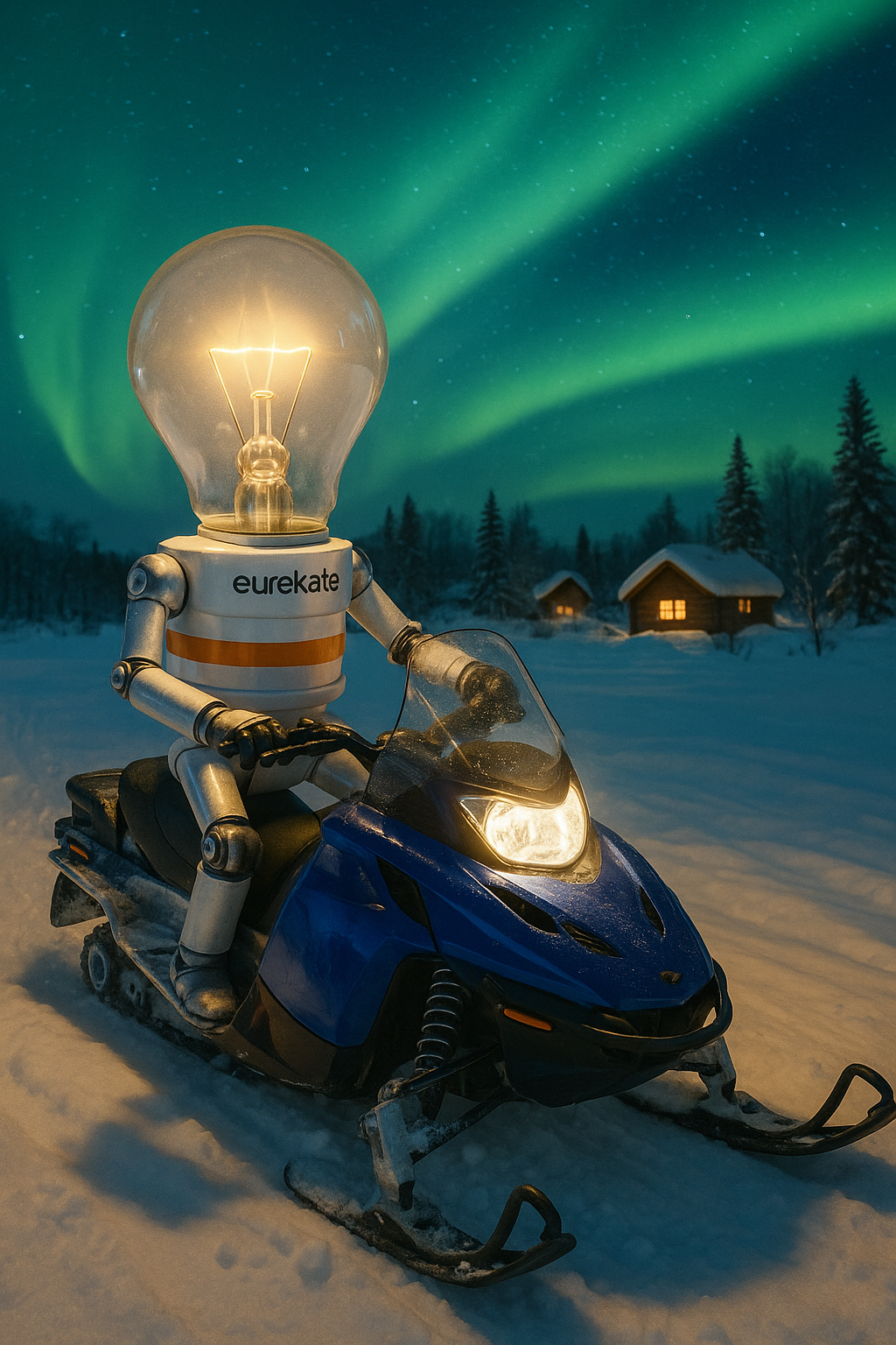 Bombi, el robot bombilla de Eurekate, conduciendo una moto de nieve en Finlandia bajo auroras boreales en una escena realista de invierno.