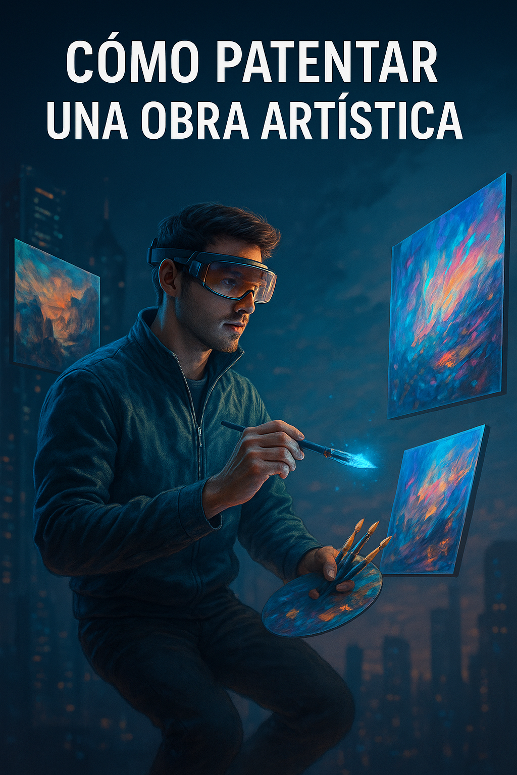 Artista con visor futurista pintando cuadros digitales flotantes en un entorno tecnológico