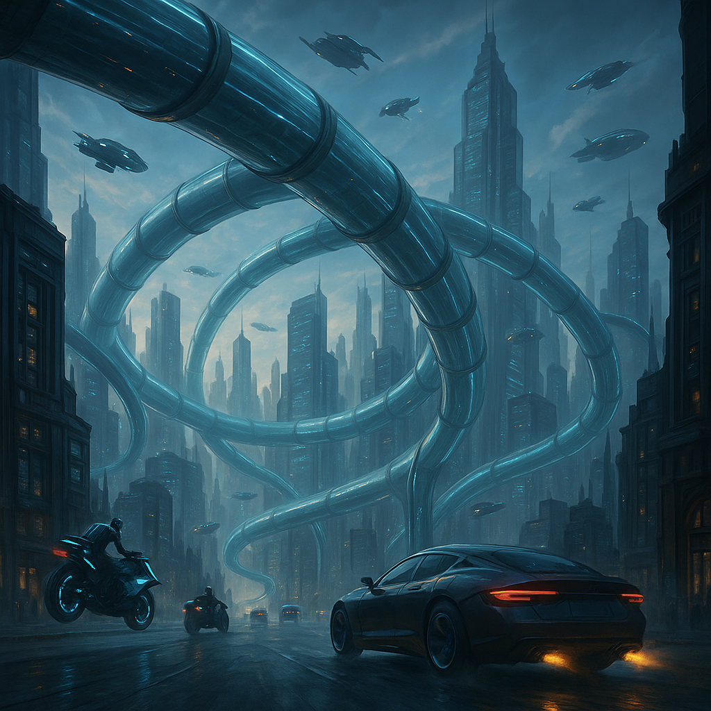 Ciudad futurista con coches y motos voladoras y tubos de transporte aéreo en un entorno realista