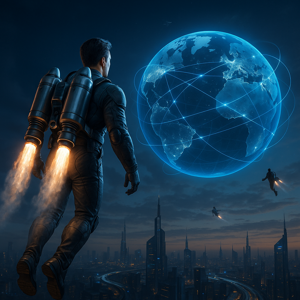 Inventores volando con jetpacks alrededor de un globo terráqueo holográfico futurista