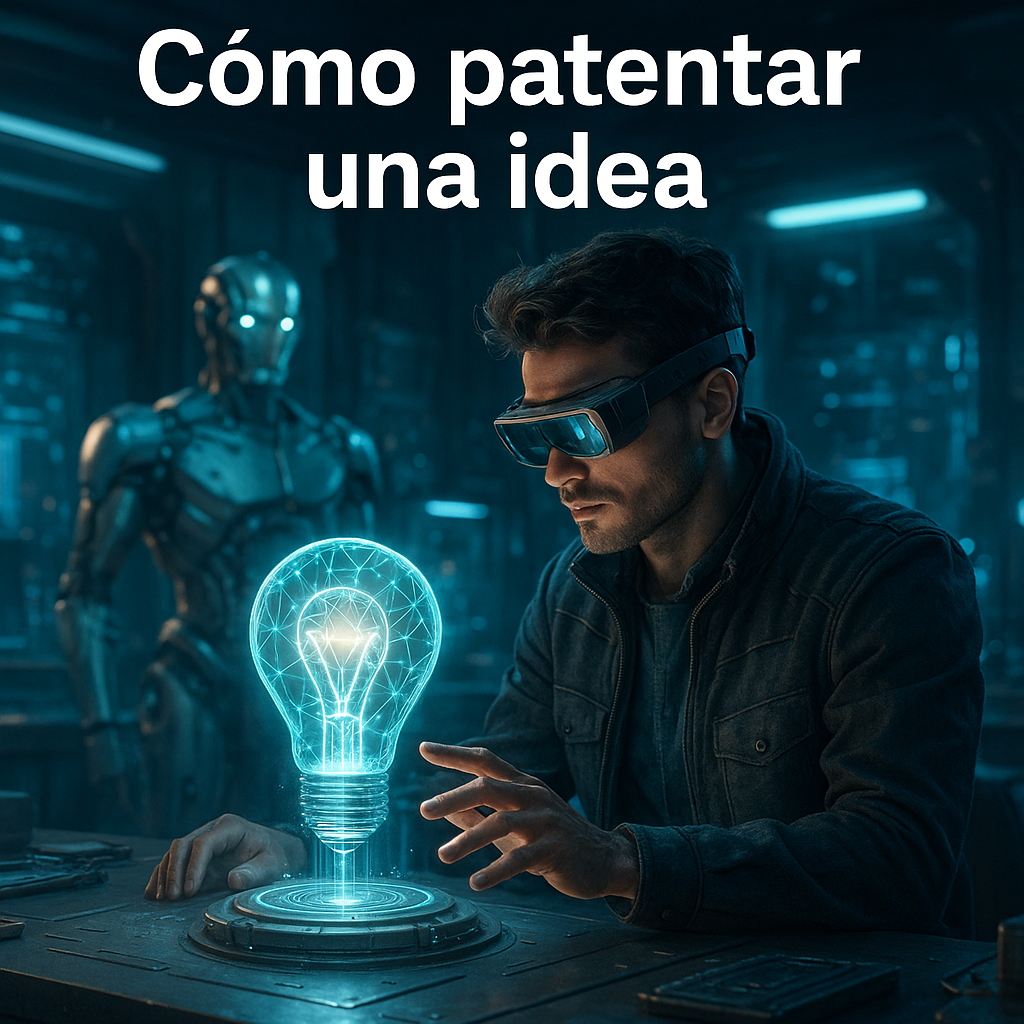 Inventor futurista trabajando con un holograma de idea mientras un robot lo acompaña en un taller avanzado.