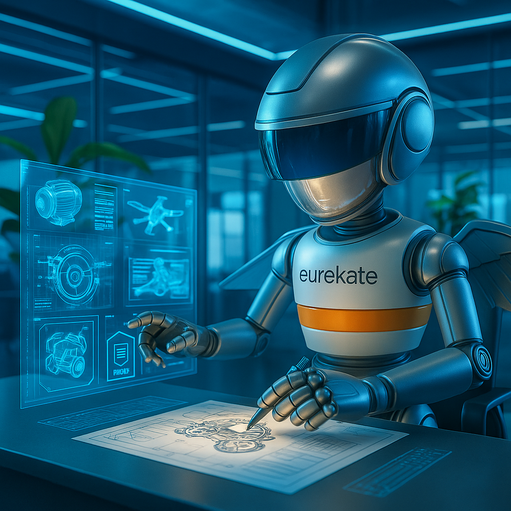 Bombi, el robot de Eurekate, trabajando en una oficina de patentes futurista con hologramas de inventos y una planta verde al fondo.