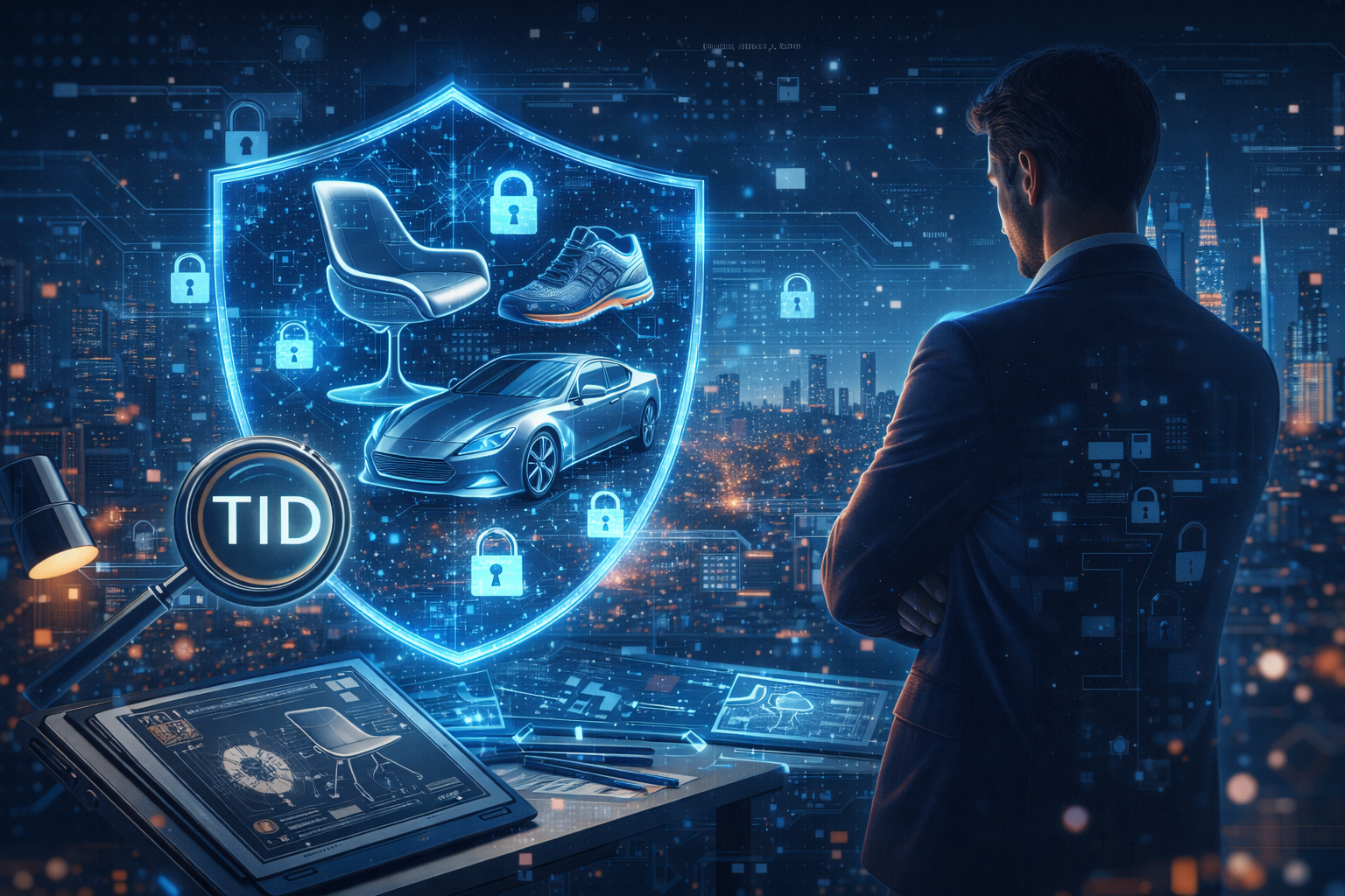 Ilustración futurista que representa cómo proteger un diseño industrial en España mediante su registro legal frente a copias