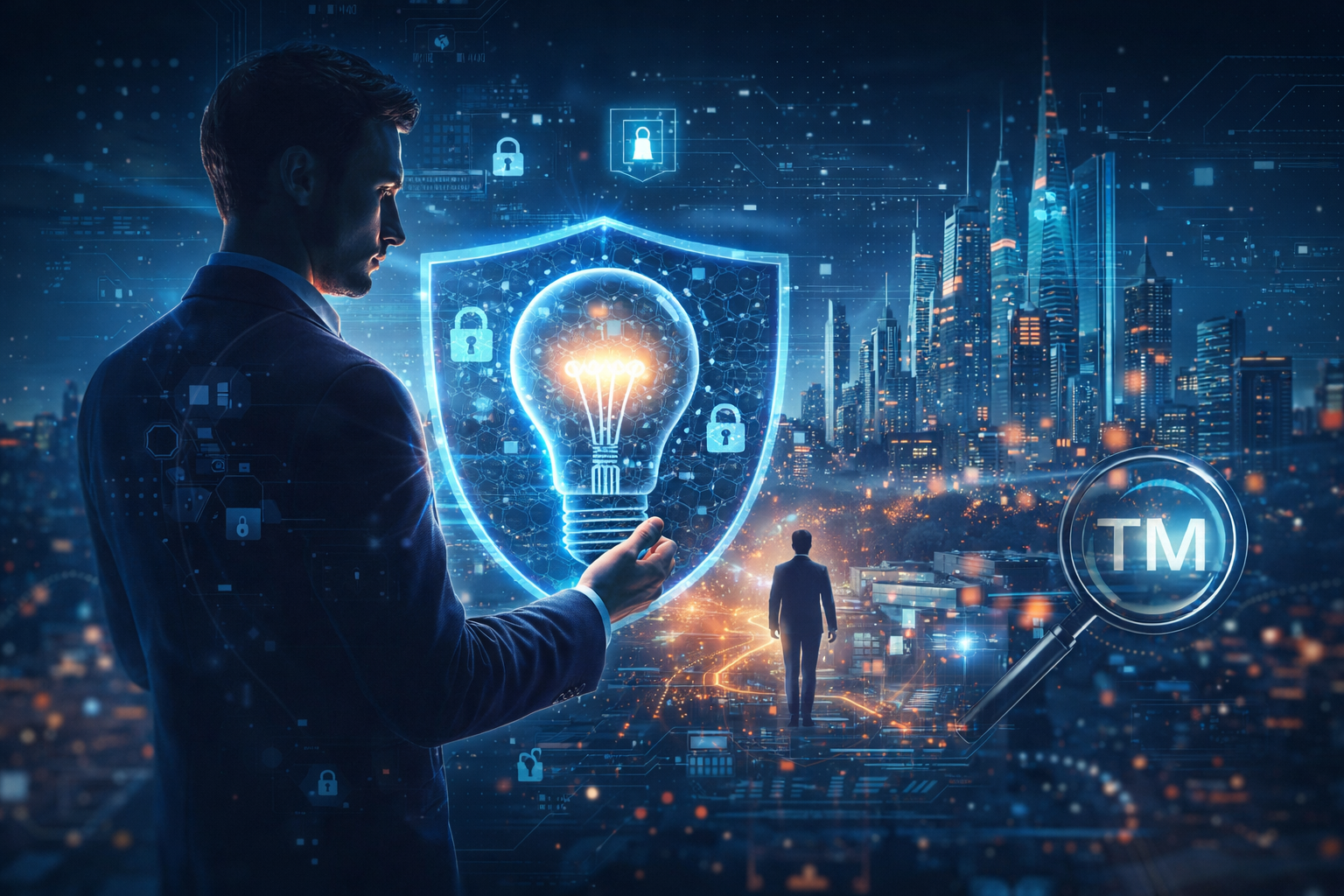 Ilustración futurista sobre cómo proteger una idea al emprender en España mediante propiedad industrial